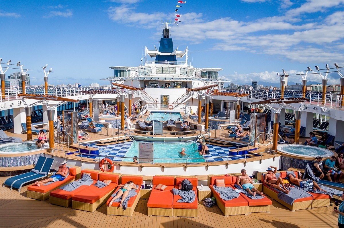 The outdoor pool deck on a Celebrity Summit cruise.